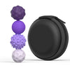 A set of five purple and white magnetic silicone sensory stress balls displayed next to a black zippered pouch.