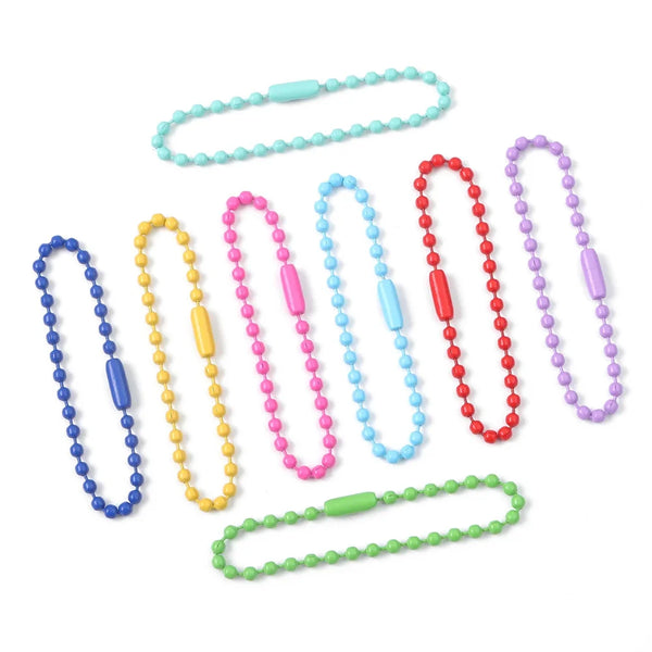 A collection of colorful ball bead chains in various colors like blue, pink, yellow, and red for DIY jewelry making