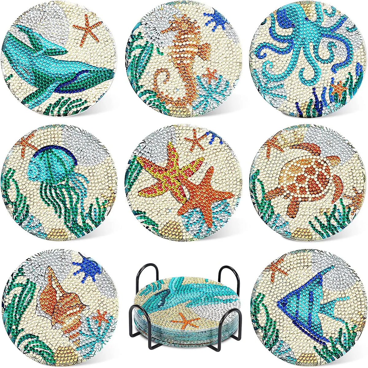 A set of ten mandala flower 5D diamond painting coasters featuring various floral and sea life designs.