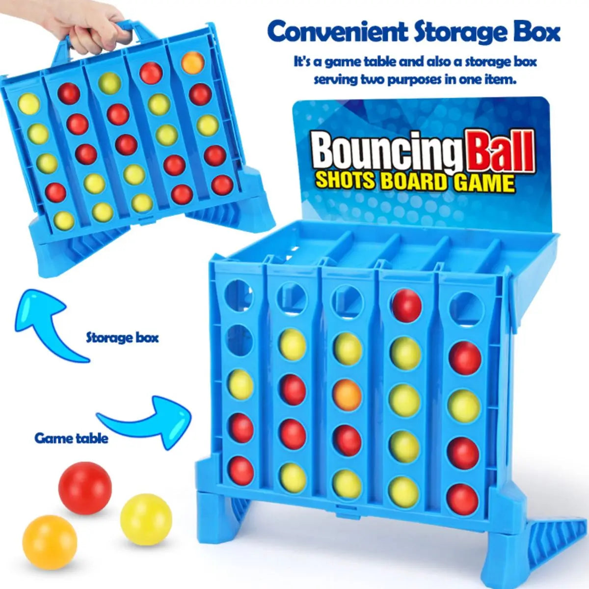 A blue storage box shaped like a game table holding colorful bouncing balls for a game.