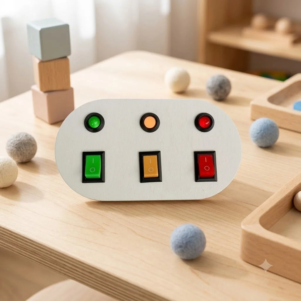 A wooden Montessori busy board for toddlers featuring colored gears, switches, and LED lights placed on a light wood table.