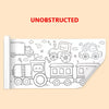 A roll of unobstructed sticky coloring paper featuring various cartoon vehicles and clouds for creative drawing.