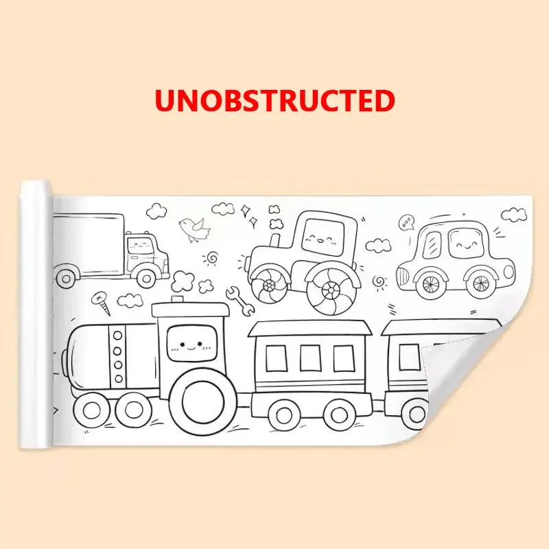 A roll of unobstructed sticky coloring paper featuring various cartoon vehicles and clouds for creative drawing.