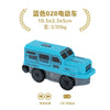 A blue battery-powered wooden train set with black wheels and a passenger car design.