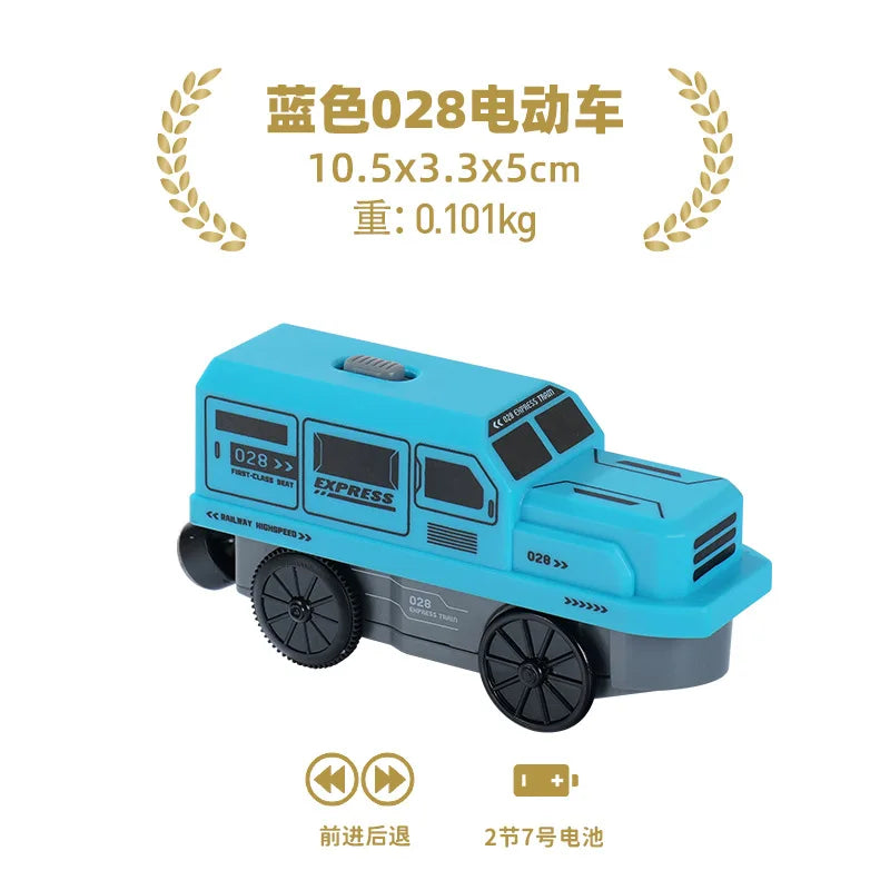 A blue battery-powered wooden train set with black wheels and a passenger car design.