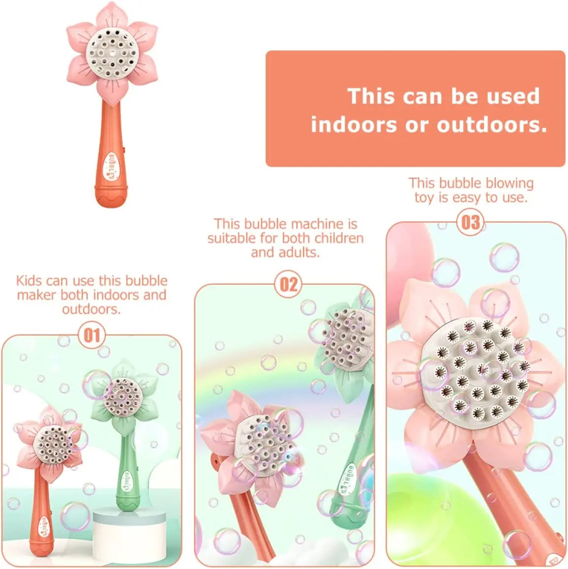 A pink electric bubble blower toy with a flower design used for making bubbles indoors or outdoors.