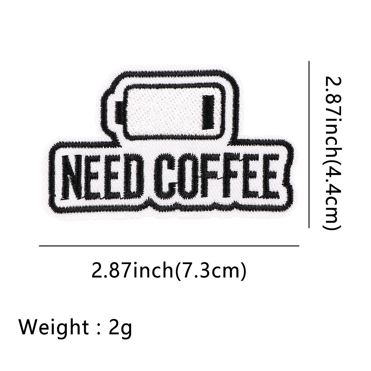 Black embroidered patch with the text NEED COFFEE on a rectangular background.