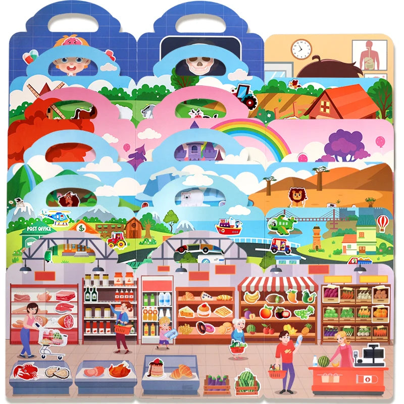 A colorful sticker book featuring various scenes and characters for kids to interact with.