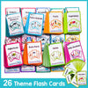 A collection of 26 themed English vocabulary flashcards for kids featuring animals, fruits, vegetables, adjectives, body part