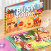 A colorful busy book with animal stickers and a construction vehicle, featuring Level 2 activities for toddlers.