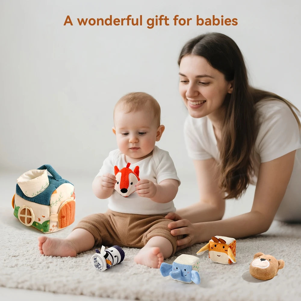 A mother is interacting with a baby and several soft fabric sensory toys including a tissue box and animal figures.
