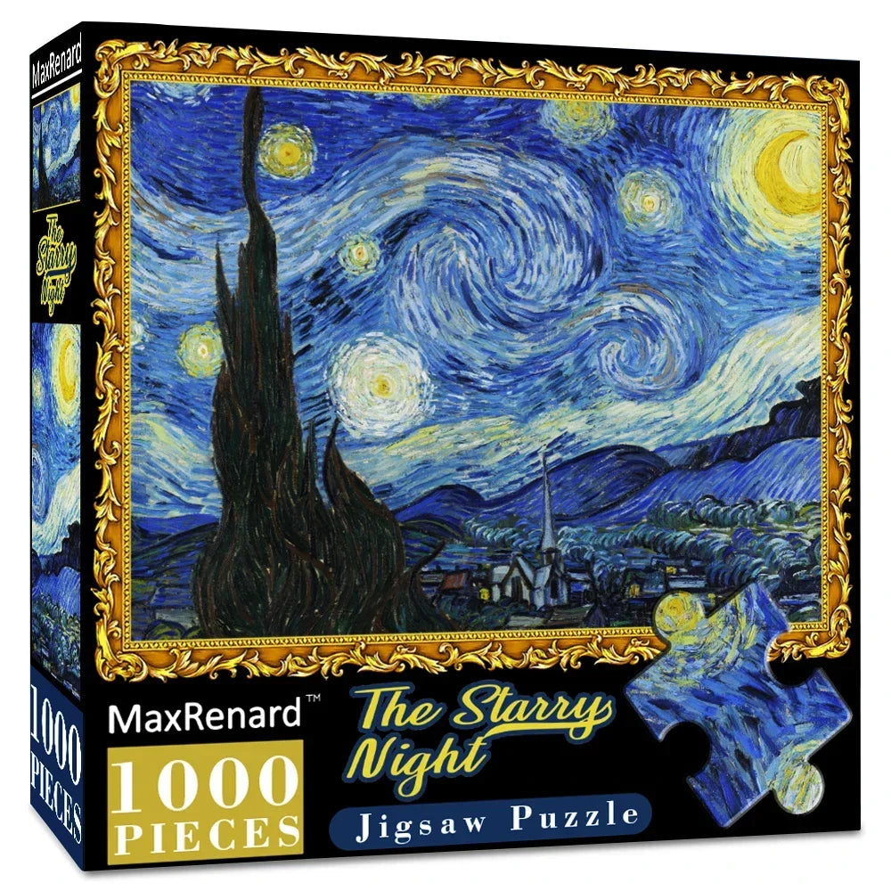 A box of a 1000-piece jigsaw puzzle depicting Van Gogh's Starry Night painting.