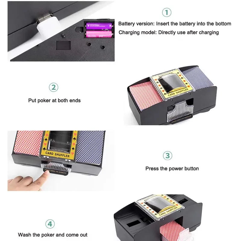 Instructions showing how to insert a battery, put poker at both ends, press the power button, and wash the shuffler.