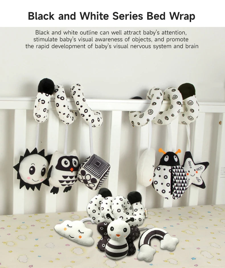 Black and White Animal Hanging Toys for Baby Car Seat and Stroller