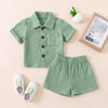 A baby boy cotton linen outfit set featuring a mint green short-sleeved shirt and matching shorts.