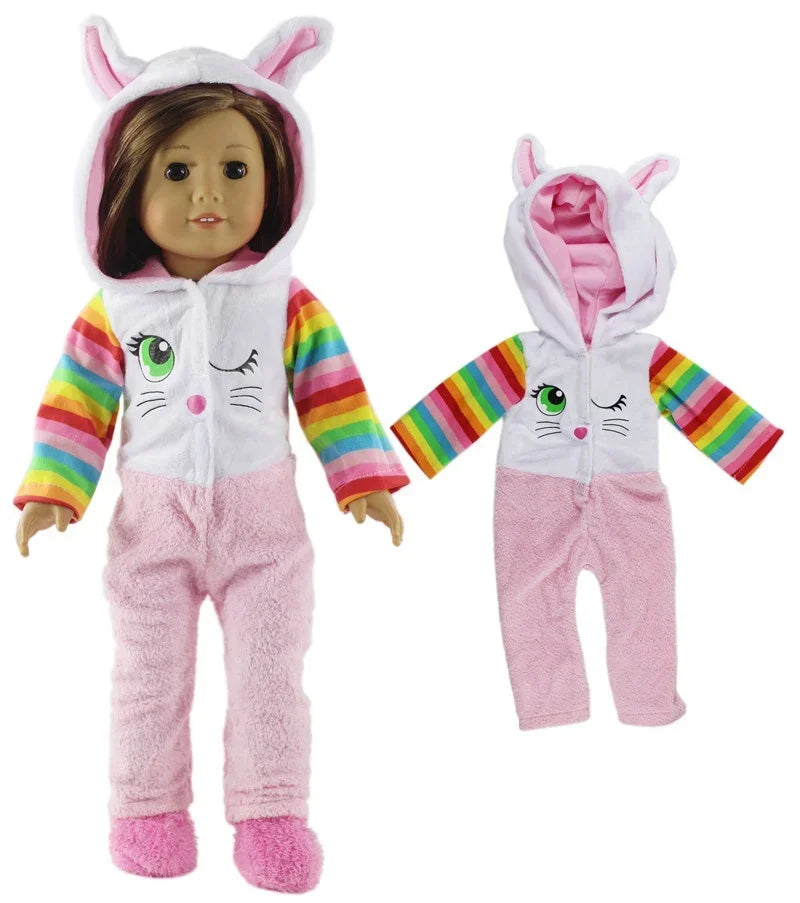 A doll wearing a pink and white hooded outfit with striped sleeves and pink pants.