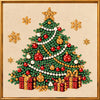 A detailed diamond painting of a Christmas tree decorated with red and green ornaments, gold stars, and wrapped gifts.