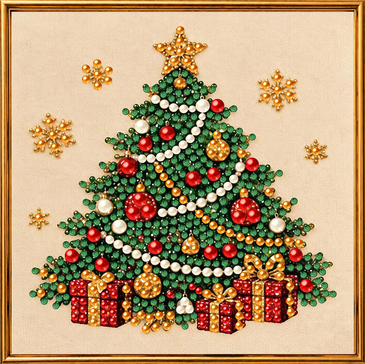 A detailed diamond painting of a Christmas tree decorated with red and green ornaments, gold stars, and wrapped gifts.