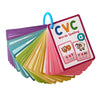 A stack of colorful CVC words spelling cards with a blue hanger.