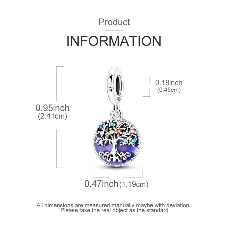 A silver heart charm featuring a tree design with colorful gemstones for bracelets and necklaces.