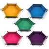 A collection of five hexagonal folding PU leather dice trays in yellow, blue, green, pink, and purple.