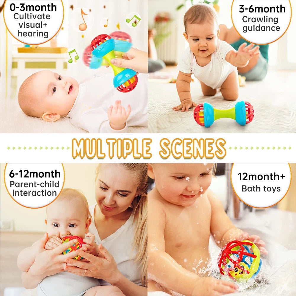 A collection of baby toys including a soft grasping ball rattle with bell, used for visual and hearing stimulation across var