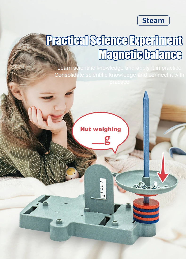 A girl is demonstrating a practical science experiment using a magnetic balance kit to measure the weight of a nut.