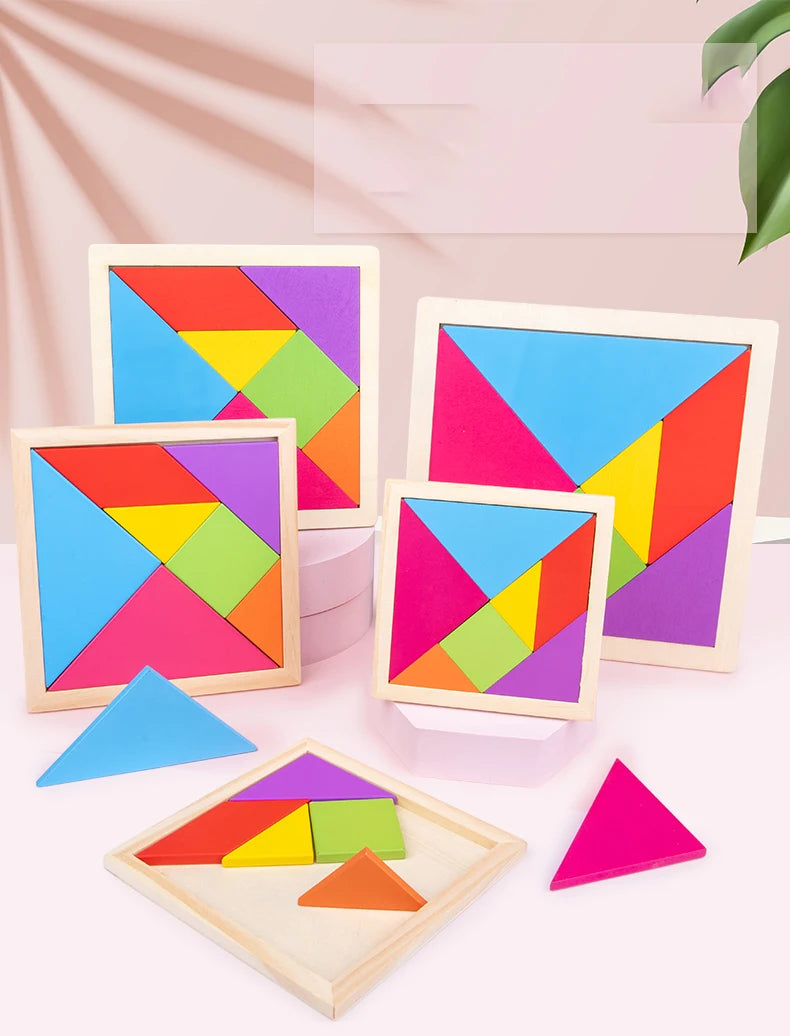 A wooden tangram puzzle set showing various colored triangular pieces arranged in different patterns on a white surface.