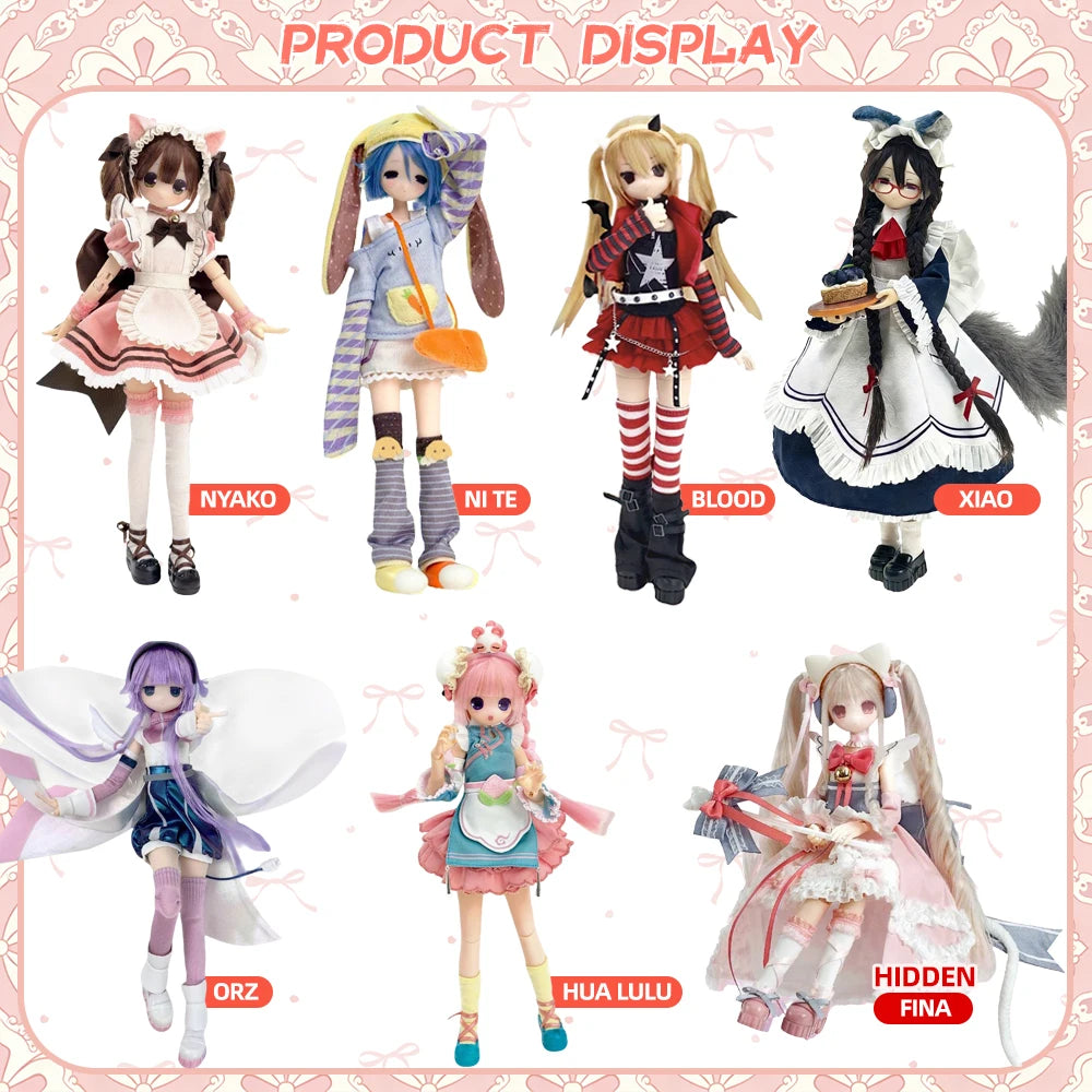A display of various Street Style Articulated BJD collectible blind box dolls including Nyako, Ni Te, Blood, Xiao, Orz, Hua L