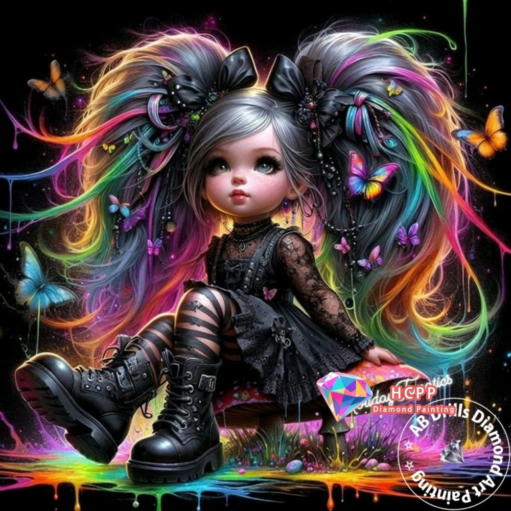 A detailed diamond painting of a girl with long flowing hair and butterfly wings in vibrant colors.