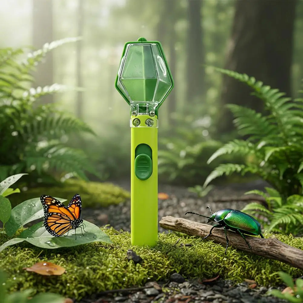 A bright lime green bug catcher with a magnifying viewer is placed on mossy ground among green foliage.