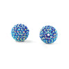 A spherical bead covered in iridescent blue and purple rhinestones for jewelry making
