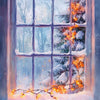 A window view of a snowy winter scene with warm glowing lights illuminating pine branches outside.