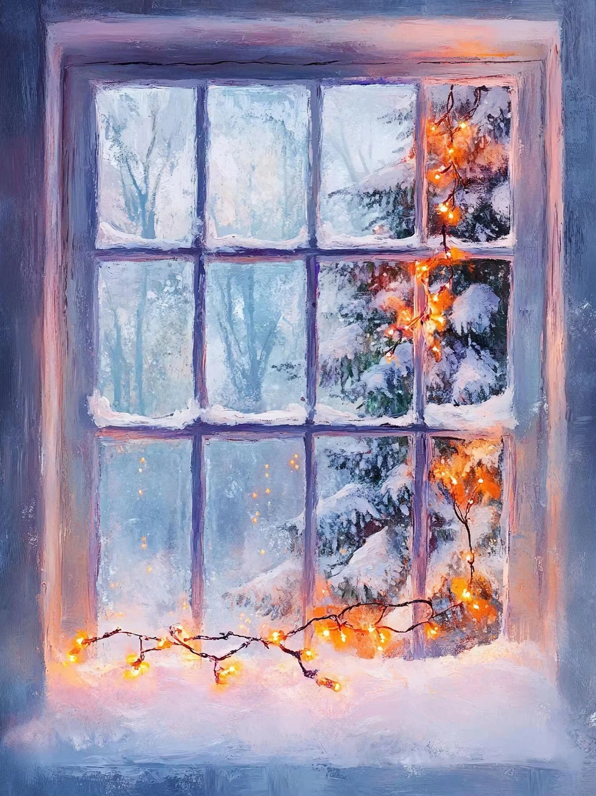 A window view of a snowy winter scene with warm glowing lights illuminating pine branches outside.