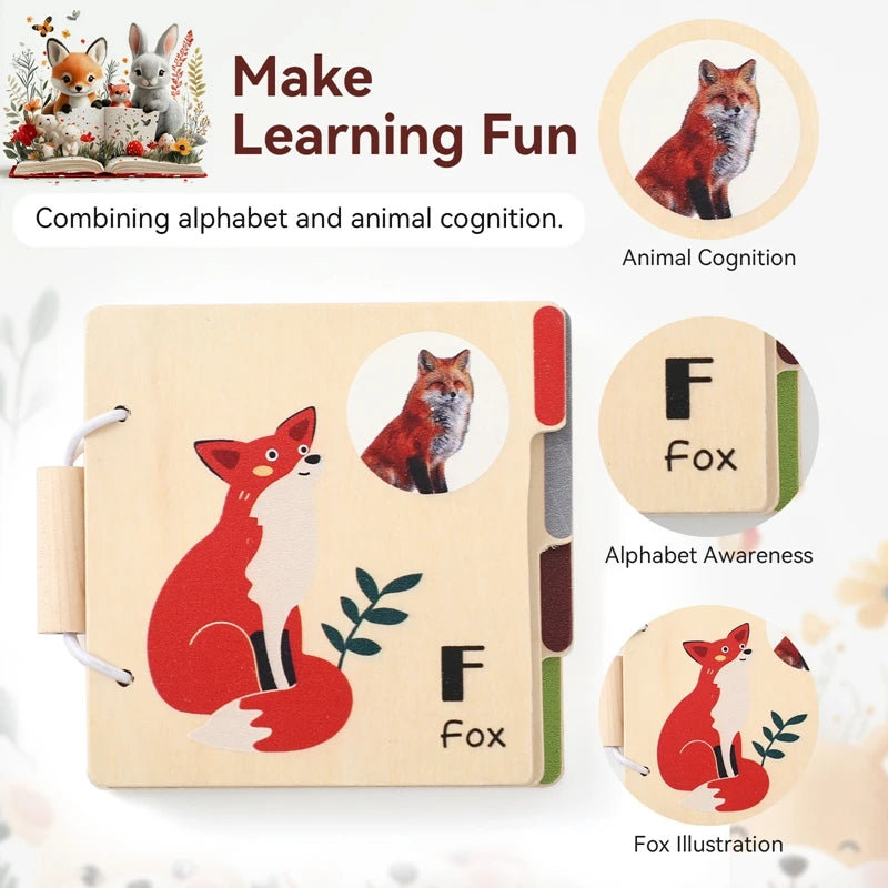 A wooden learning toy showing a fox illustration and the letter F, designed to combine alphabet and animal cognition.