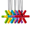 Colorful silicone steering wheel teether with multiple colored, textured silicone arms hanging from strings