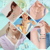 A collage showing various jewelry pieces and hands working with round acrylic alphabet beads for making jewelry