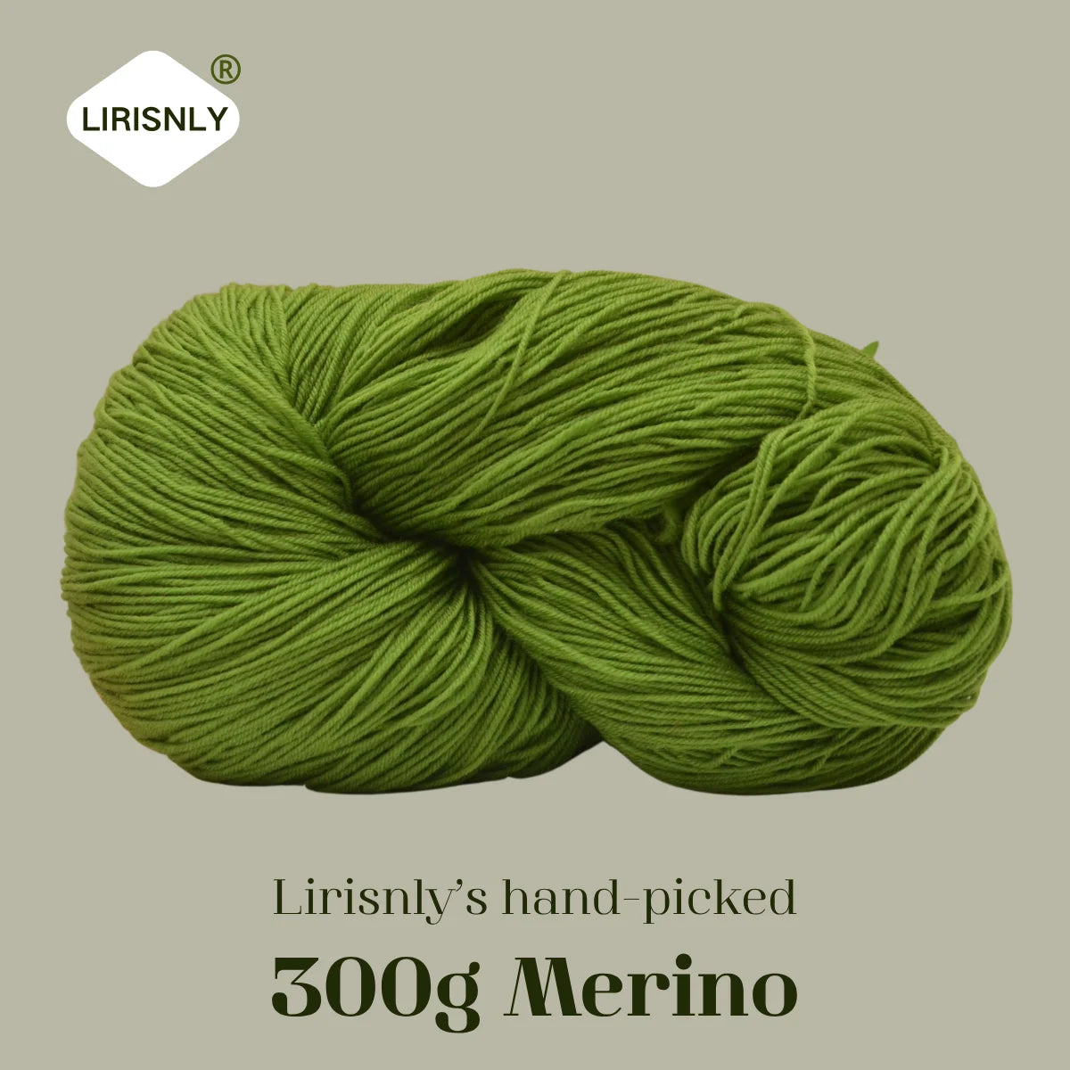 A ball of bright green Merino wool yarn labeled as Lirisnly's hand-picked 300g Merino.