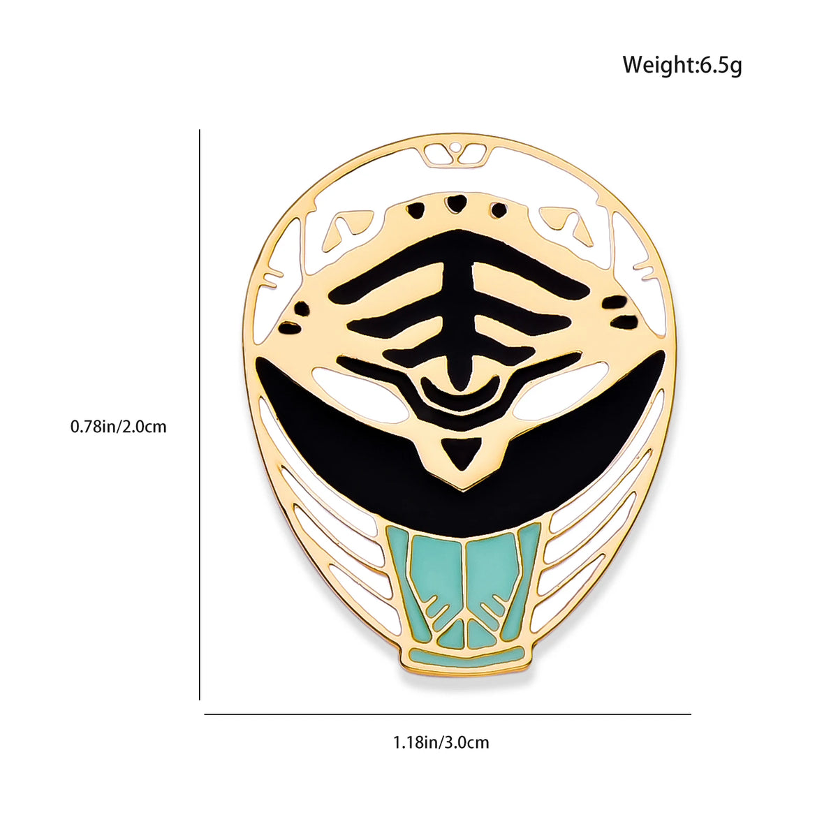 A gold-toned enamel pin featuring a dinosaur battle suit design with black and teal accents.