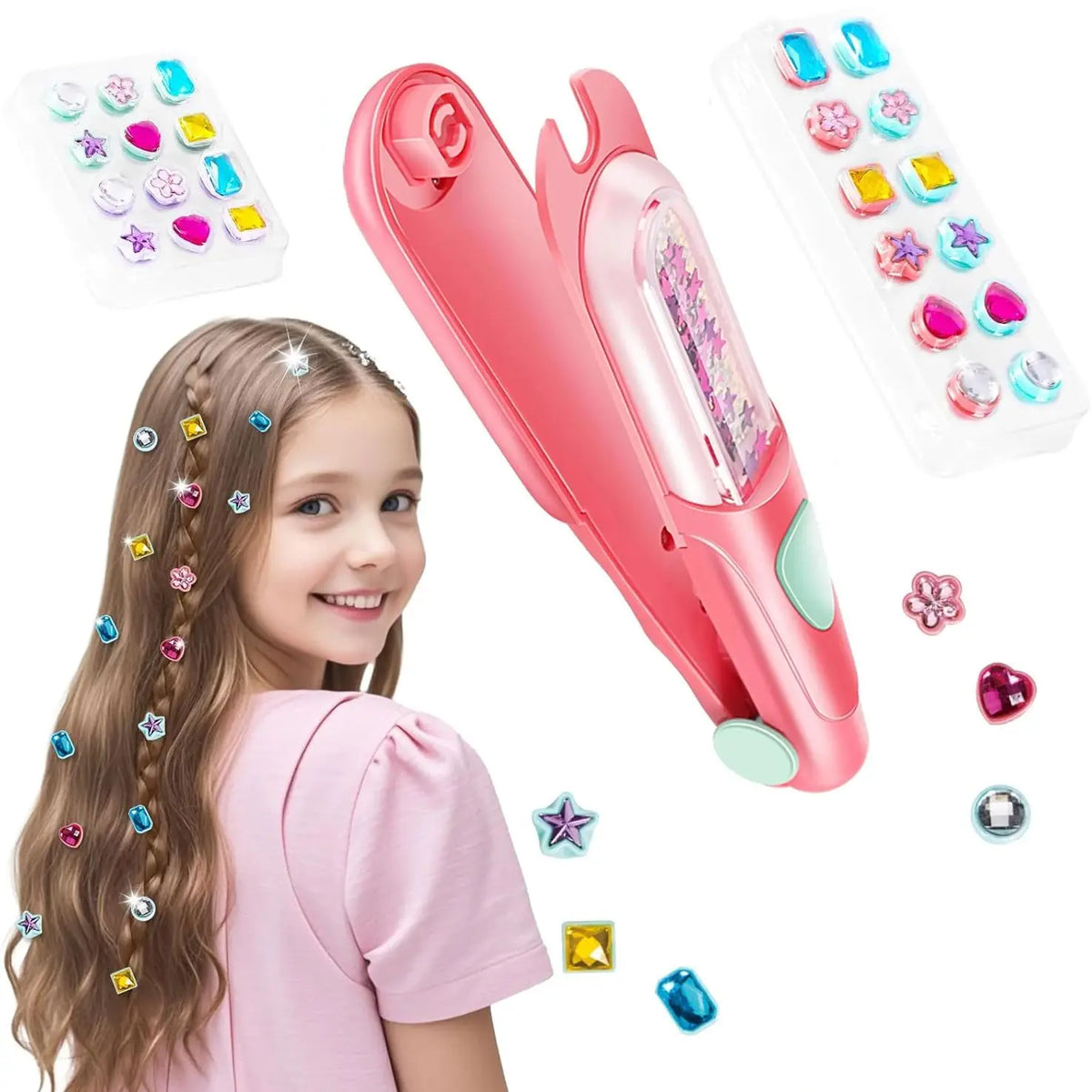 A young girl smiling while holding a pink hair gem stamper kit and several loose gems.