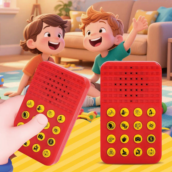 A hand holds a red sound effect music box with yellow buttons in front of two smiling children.