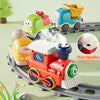 A red electric steam train toy set with magnetic cars on a track, showing the water injection area.