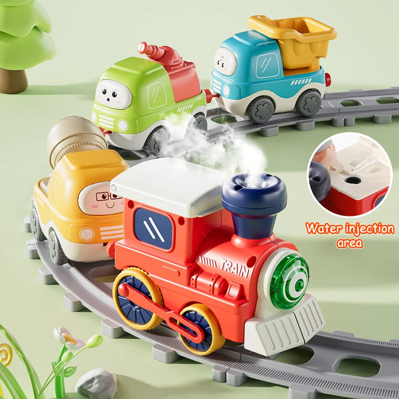 A red electric steam train toy set with magnetic cars on a track, showing the water injection area.