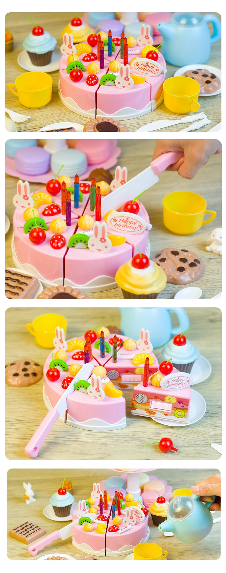 A pink birthday cake with colorful decorations and candles is shown alongside a set of play food items.