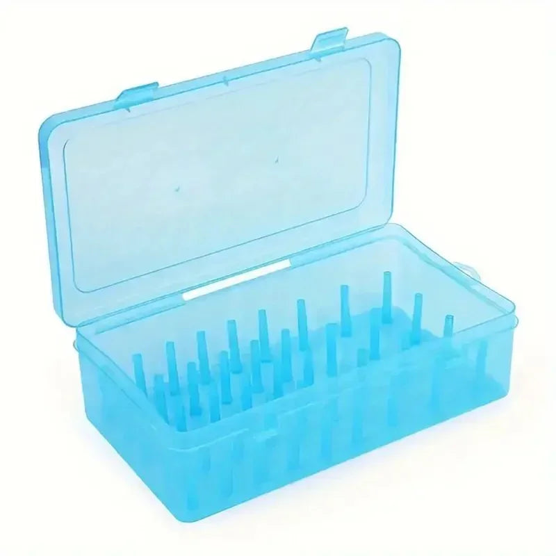 A clear plastic sewing thread organizer box with a lid, containing bobbins and compartments.