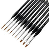 A set of thirteen fine detail paint brushes with black handles and silver tips arranged diagonally.