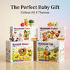 A set of four themed baby plush toys for sorting and play including a vegetable farm, basket, and dinosaur egg theme.