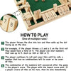 A wooden dice game board with numbered slots and dice, showing how to play the game.