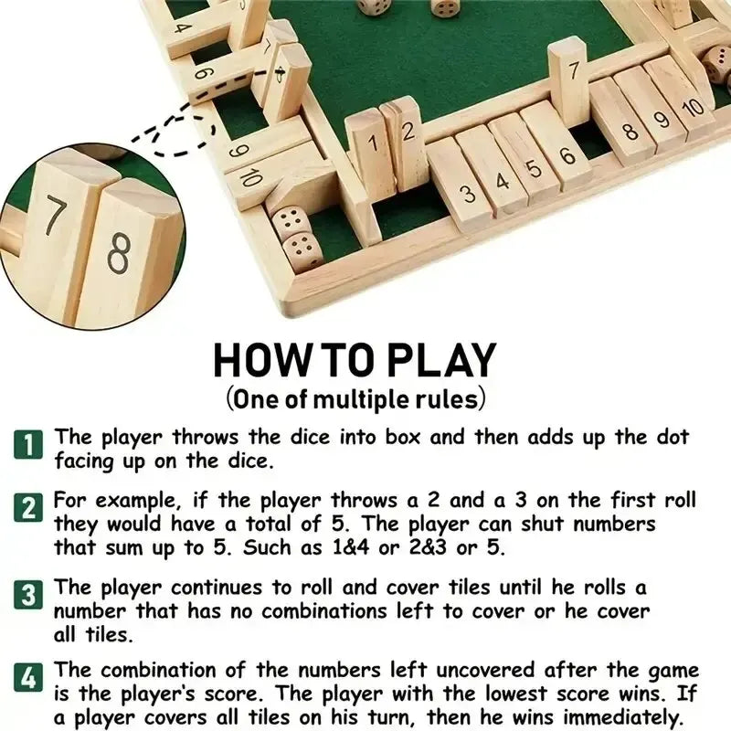 A wooden dice game board with numbered slots and dice, showing how to play the game.