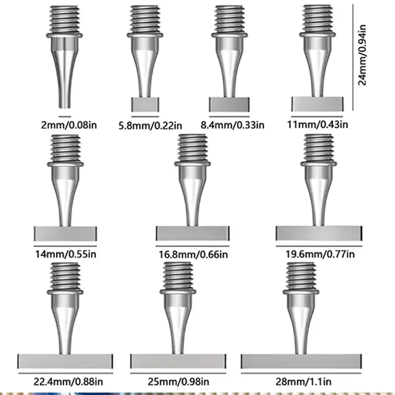 A series of diamond painting pens with stainless steel tips shown in various sizes and angles.